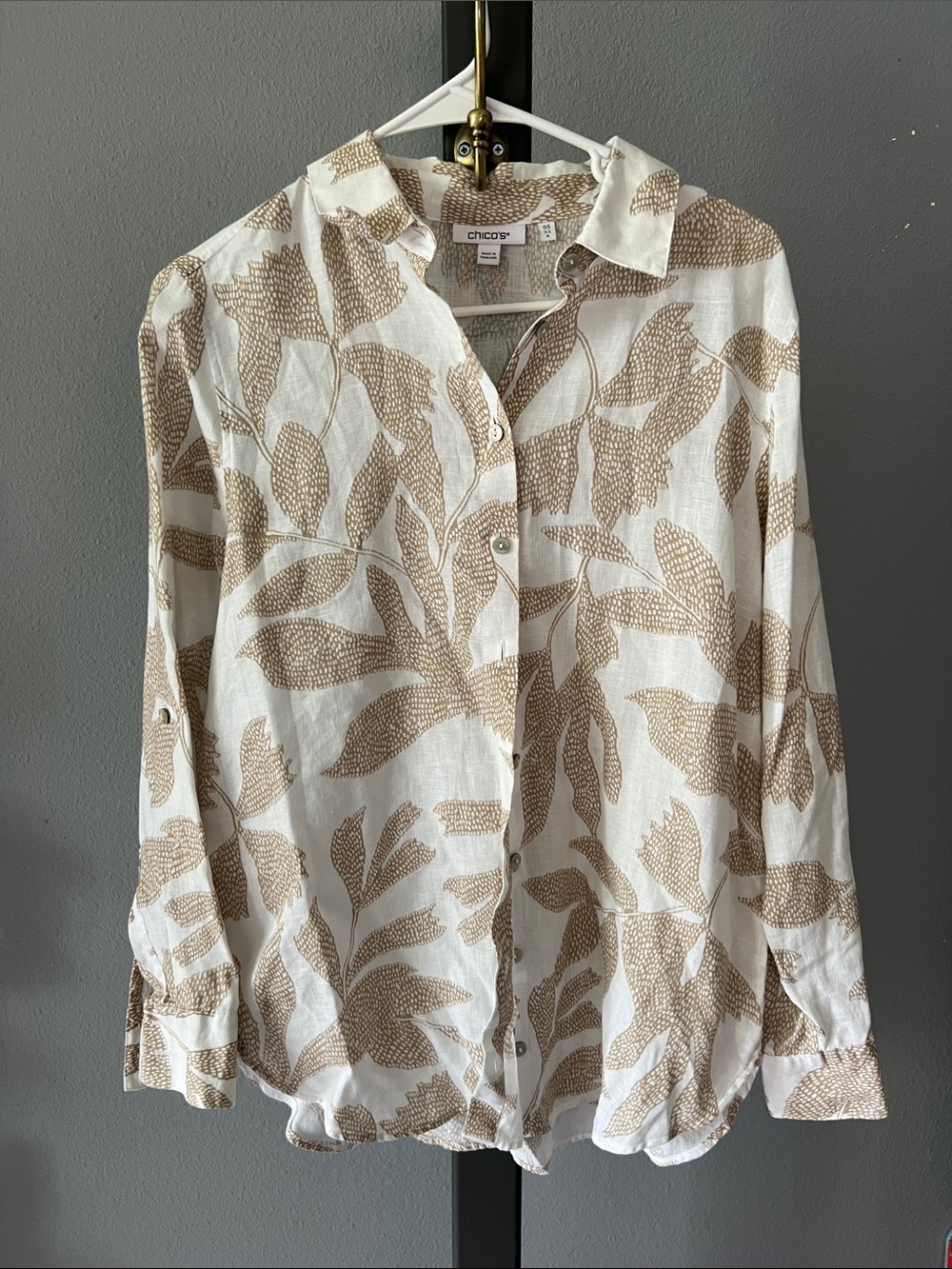Chico's White Blouse with Beige Leaf Motif